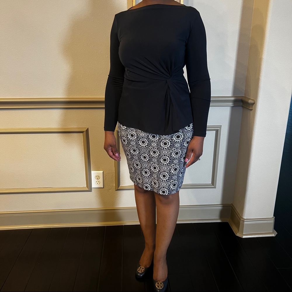 Navy, black, and white kaleidoscope print pencil skirt